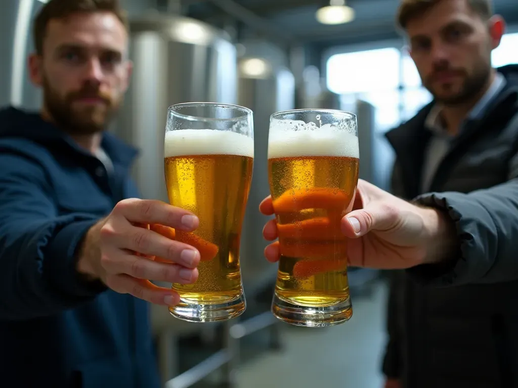 brewery owners A close-up photo of two men in a modern brewery holding glasses of golden pilsner beer with condensation on the glass. The background shows stainless steel tanks softly blurred out.