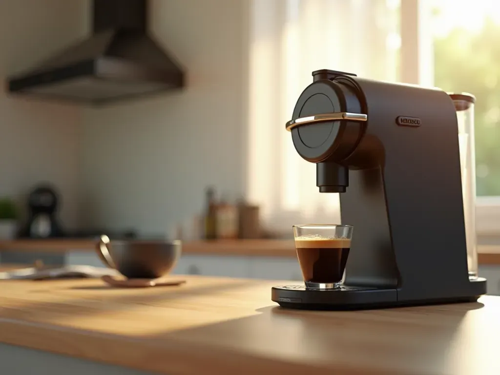 home barista setup A close up shot of an automatic coffee machine sitting on a clean kitchen counter with a single cup of black coffee in the foreground and soft morning light illuminating the scene.