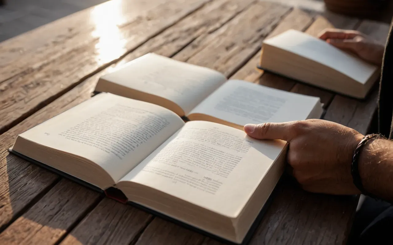 coffee book aesthetic A close-up view of a hand holding a thick hardcover book with plain white pages, set against a blurred background of warm wooden table and soft morning sunlight streaming through a window.