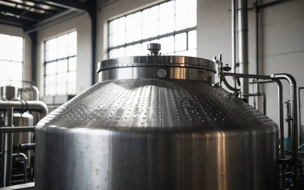 A close-up view of a stainless steel brewing tank in an industrial facility with soft morning light streaming through high windows and condensation on the metal surface.