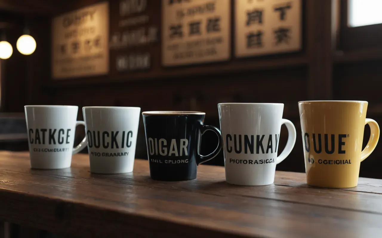 A close-up view of several different coffee cups sitting on a wooden table. The cups have distinct colors and shapes but no visible logos or text.