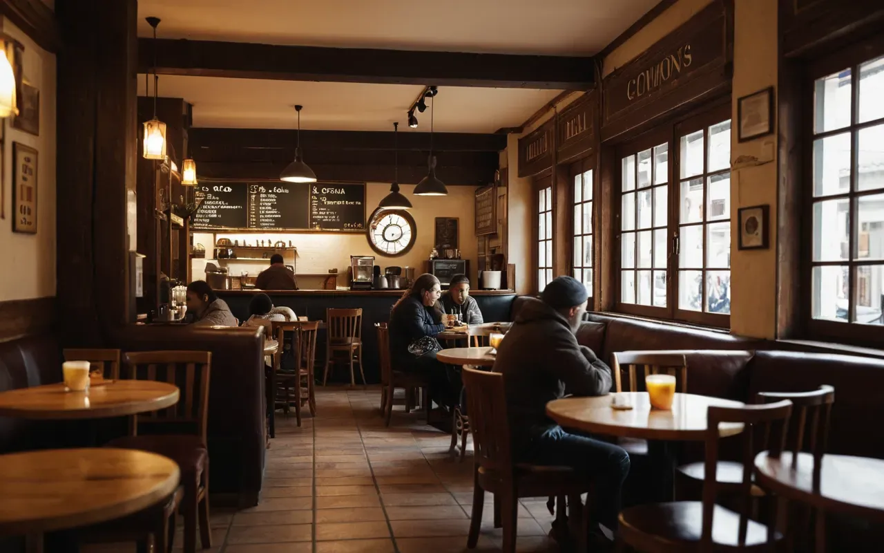 A cozy cafe interior with warm lighting and wooden furniture. A few customers sit at small round tables chatting quietly.