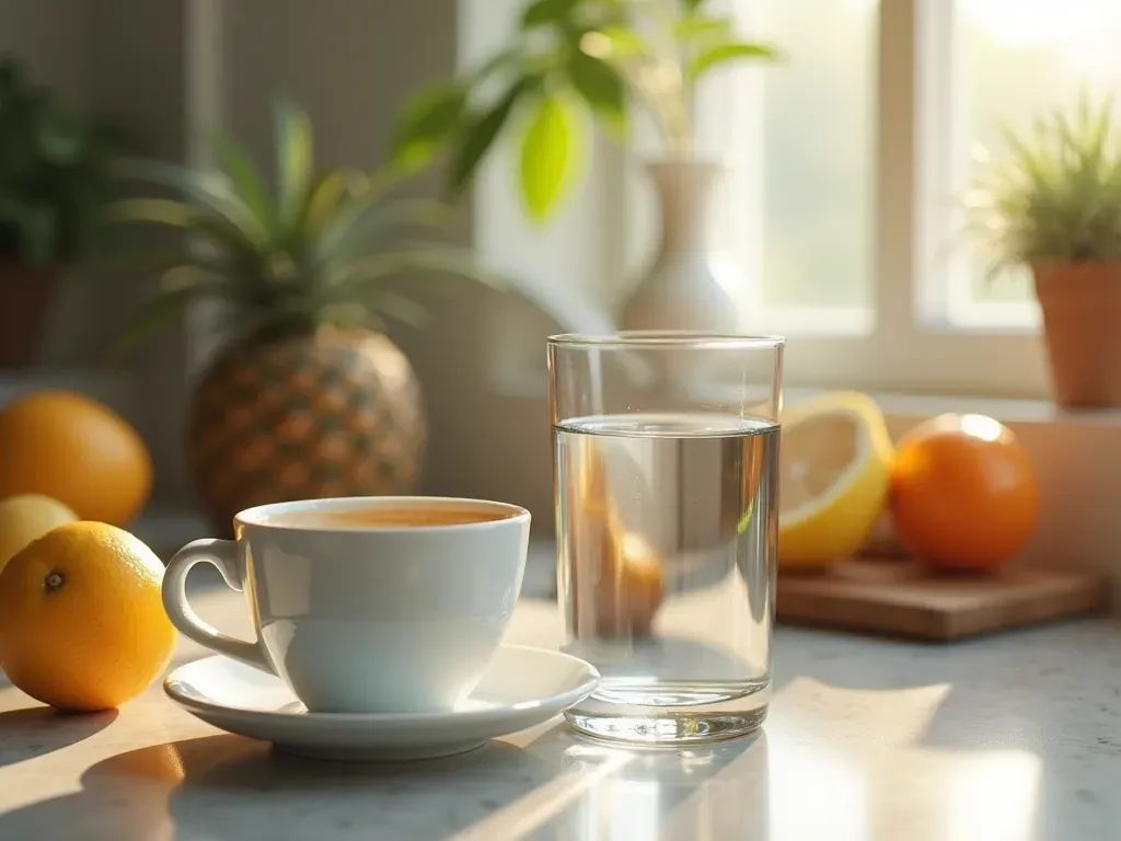A glass of water and a coffee cup side by side on a kitchen counter with a blurred background of fresh fruit.