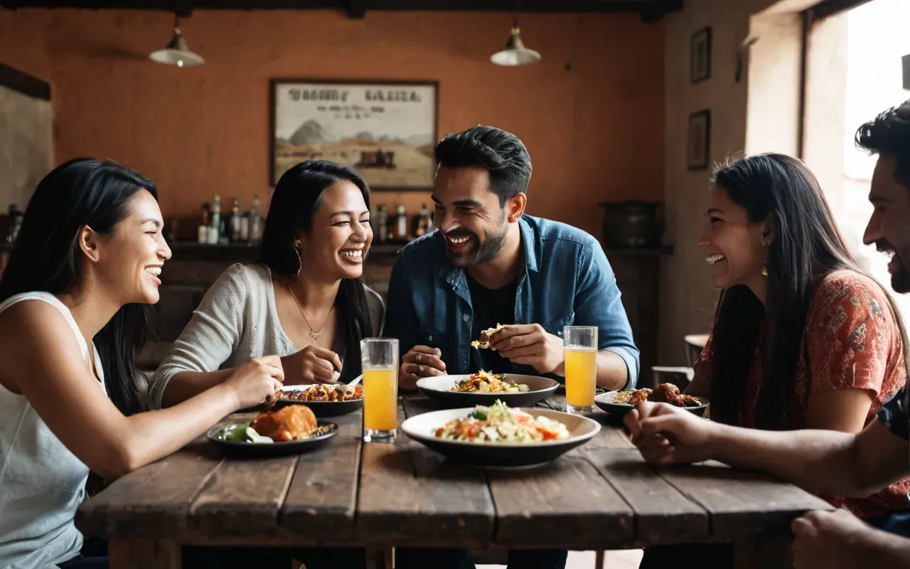 A group of friends sitting around a table sharing food and drinks. They are laughing and enjoying each other's company.