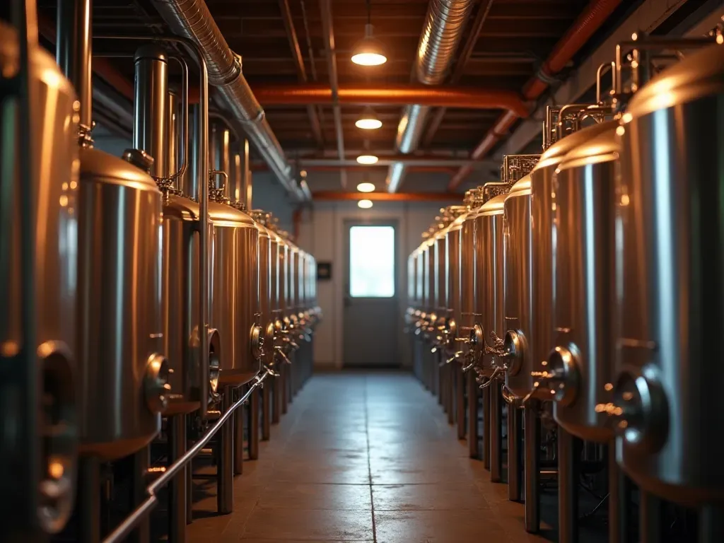 A modern brewery interior featuring stainless steel fermentation tanks and polished copper piping under warm ambient lighting with a focus on industrial brewing equipment.