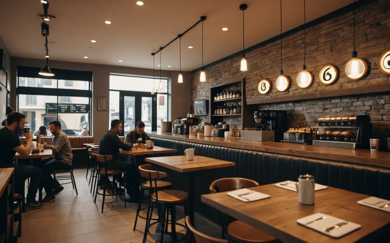 A modern coffee shop interior with clean lines and warm lighting. Several customers are seated at tables, engaged in conversation or looking at their phones.