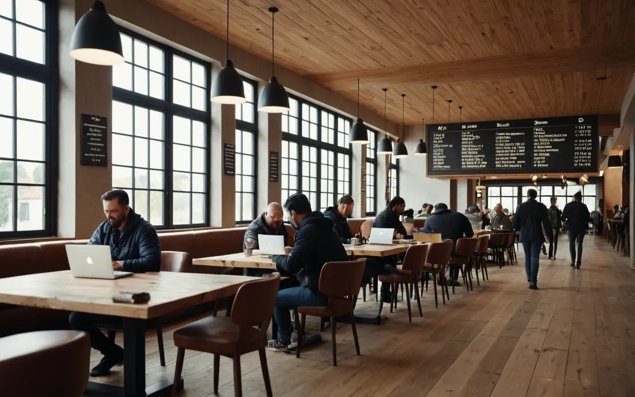 A modern interior space with warm wooden tables and large windows letting in soft natural light. Several people are seated working on laptops or reading physical books while holding ceramic mugs of coffee.