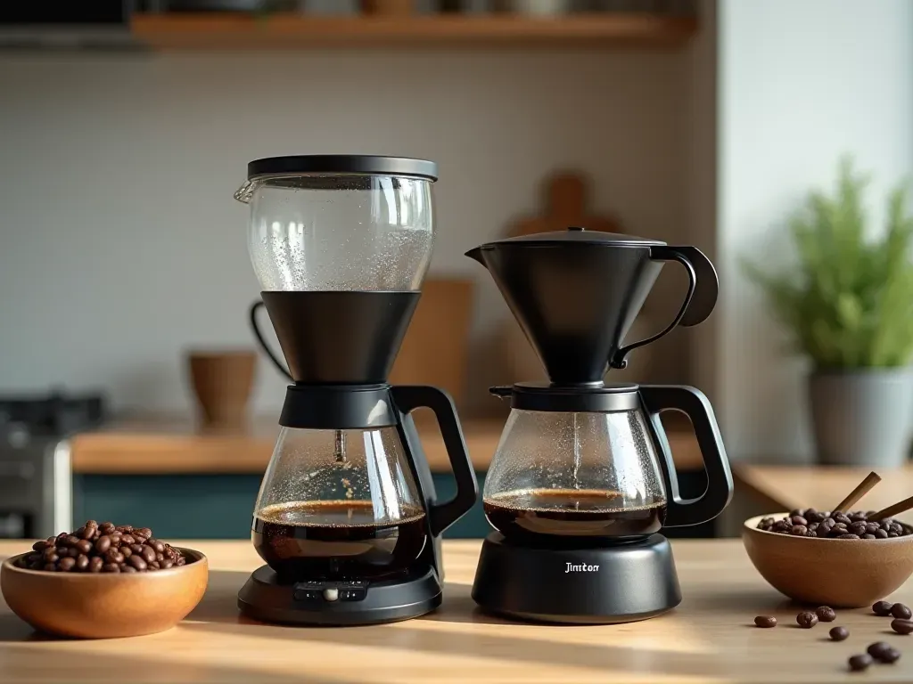 coffee brewing comparison A modern kitchen counter displaying two different types of manual and automatic brewing equipment side by side with a bowl of whole coffee beans nearby.