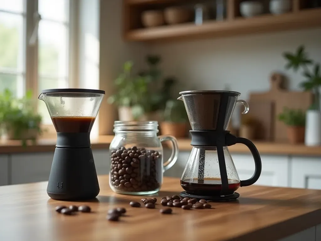 home brewing equipment setup A modern kitchen counter displaying various coffee brewing tools including an AeroPress and French press with fresh beans in a glass jar.