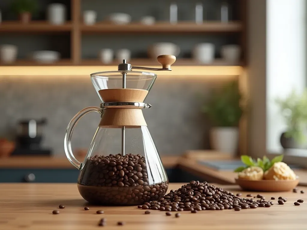 A modern kitchen counter featuring a glass carafe filled with fresh coffee beans next to a sleek manual grinder under bright overhead lighting.