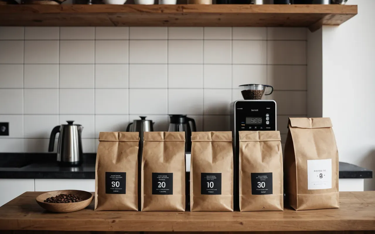 home coffee storage setup display A modern minimalist kitchen shelf holding several plain brown paper bags of coffee and a small digital scale on the left side.