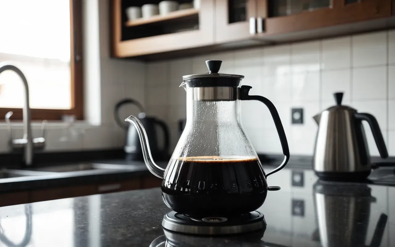 pour over brewing process visual A modern stainless steel gooseneck kettle pouring hot water into a clear glass carafe filled with dark coffee liquid on a bright kitchen counter.