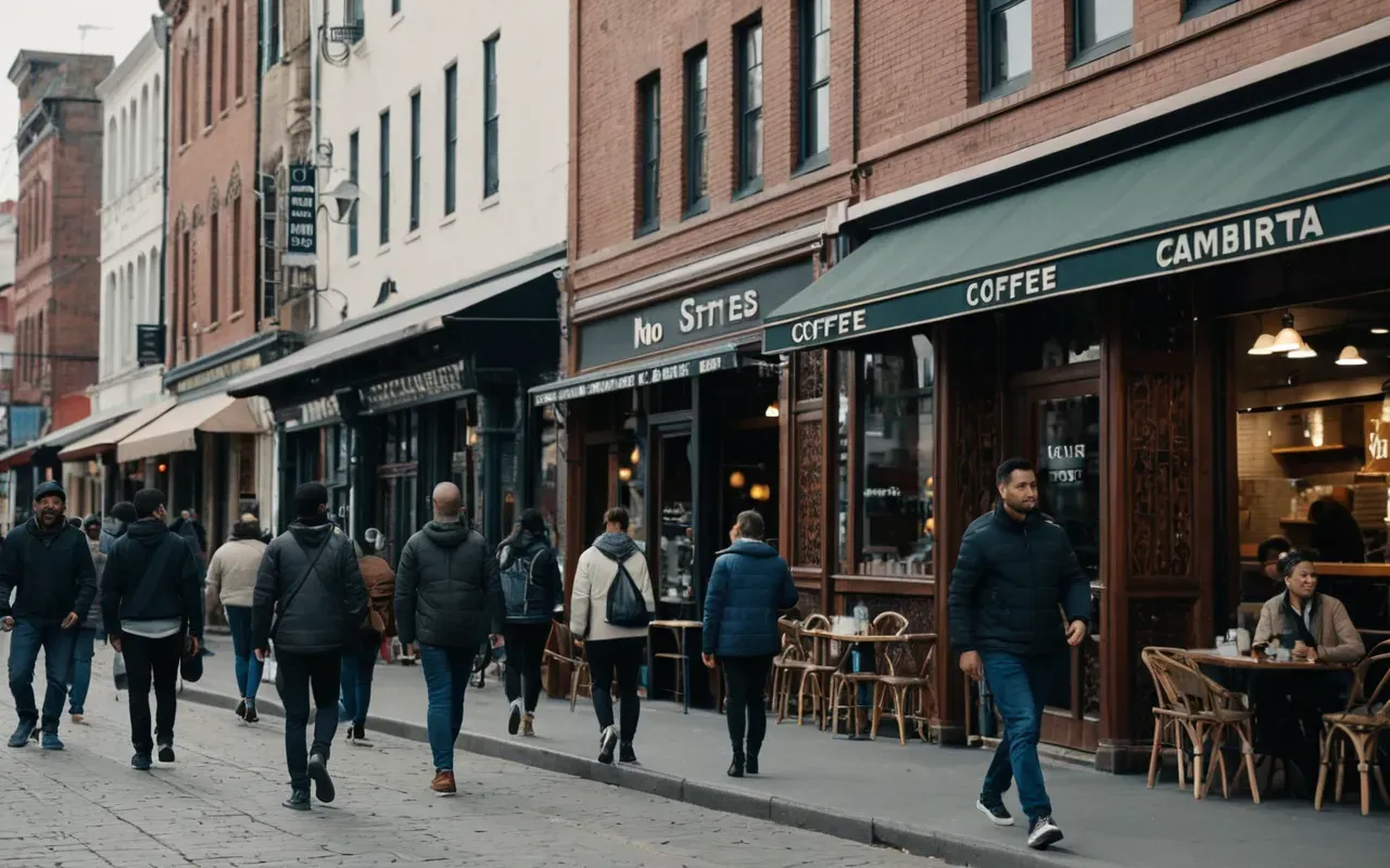A modern urban street scene with several distinct coffee shop storefronts visible in the background. The focus is on a diverse group of people walking quickly past one specific store while others pause near different locations.