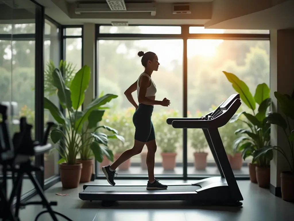 A person exercising on a treadmill in a modern gym with natural light streaming through large windows and green plants nearby.