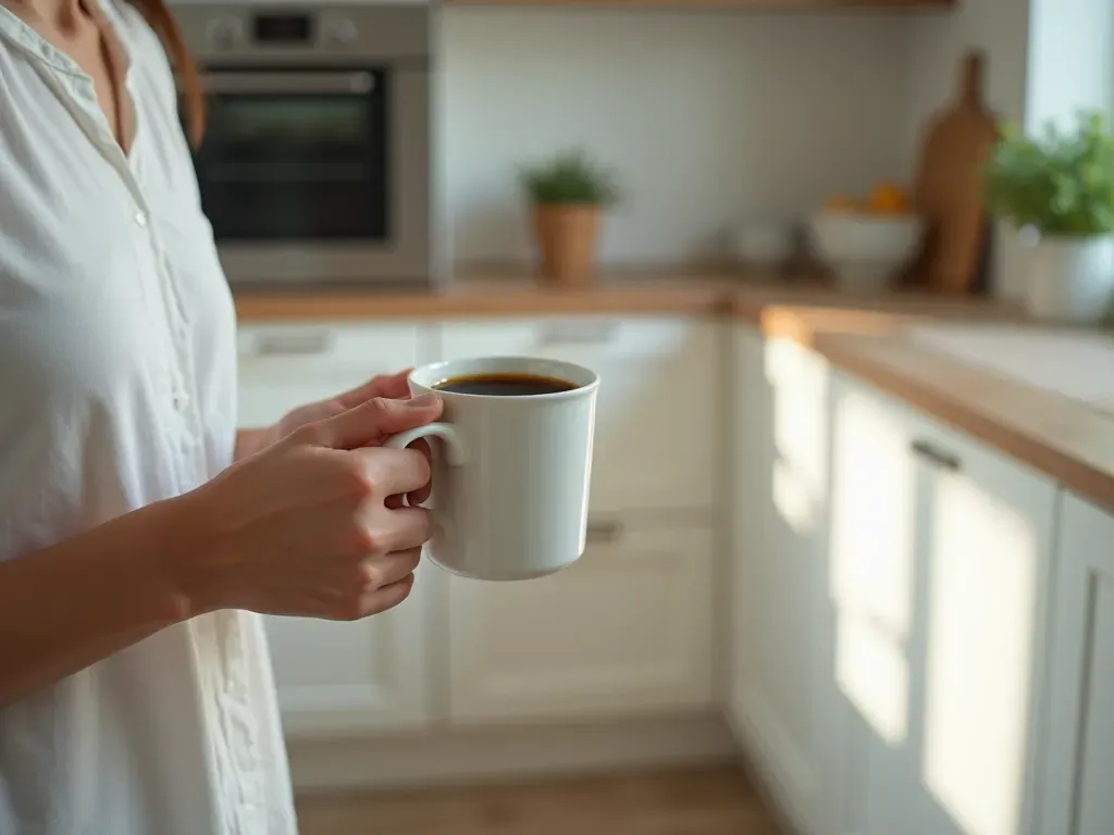 morning coffee enjoyment A person holding a ceramic mug of black coffee with both hands while standing in a bright modern kitchen with white cabinets and natural light.
