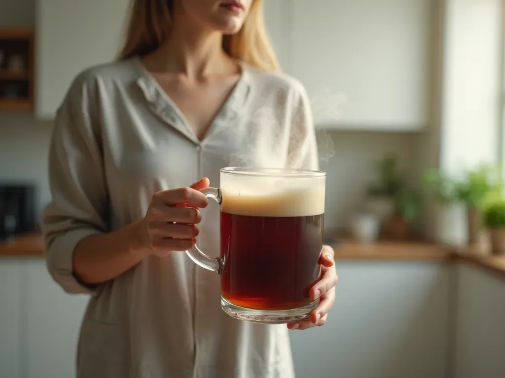 A person holding a glass mug of dark liquid with steam rising from it while standing in a bright modern kitchen with white cabinets and green plants on the counter.