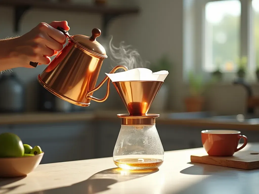A person pouring hot water from a copper kettle into a glass pour-over dripper on a clean kitchen counter, natural daylight, photorealistic composition