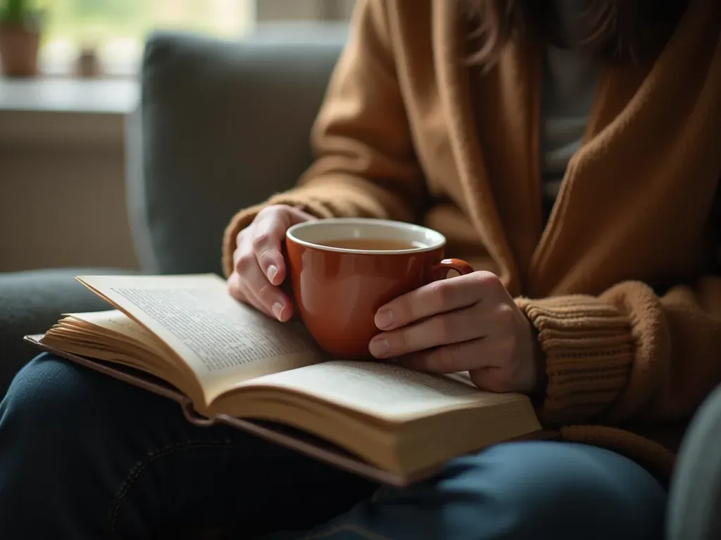 A person reading a book on a couch while holding a warm cup of tea in their hands with soft lighting.