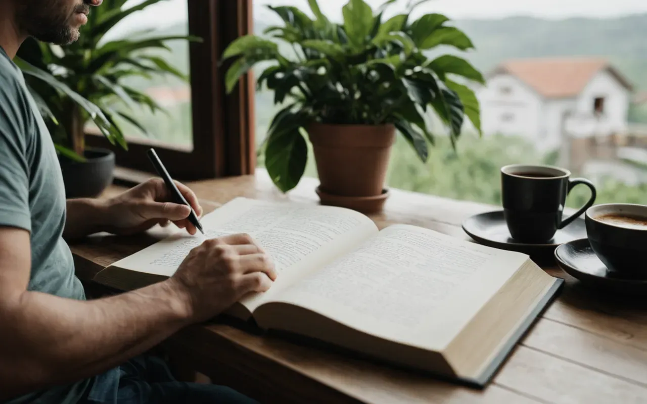 A person sitting at a wooden table near a large window with green plants visible outside. They are holding an open book in one hand and a ceramic cup of coffee in the other, looking relaxed.