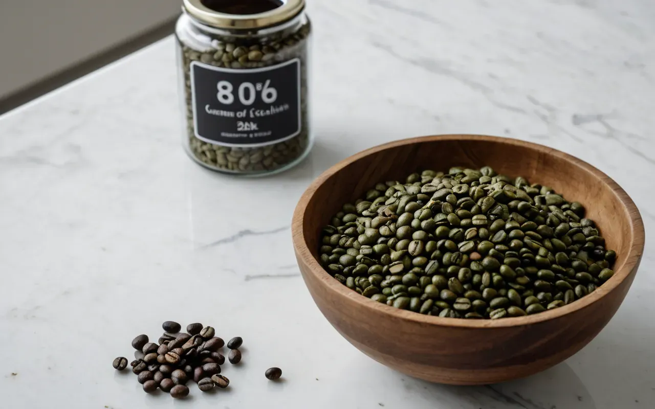 coffee bean varieties display A rustic wooden bowl filled with raw green coffee beans next to a small glass jar of roasted dark brown beans on a clean white marble countertop.