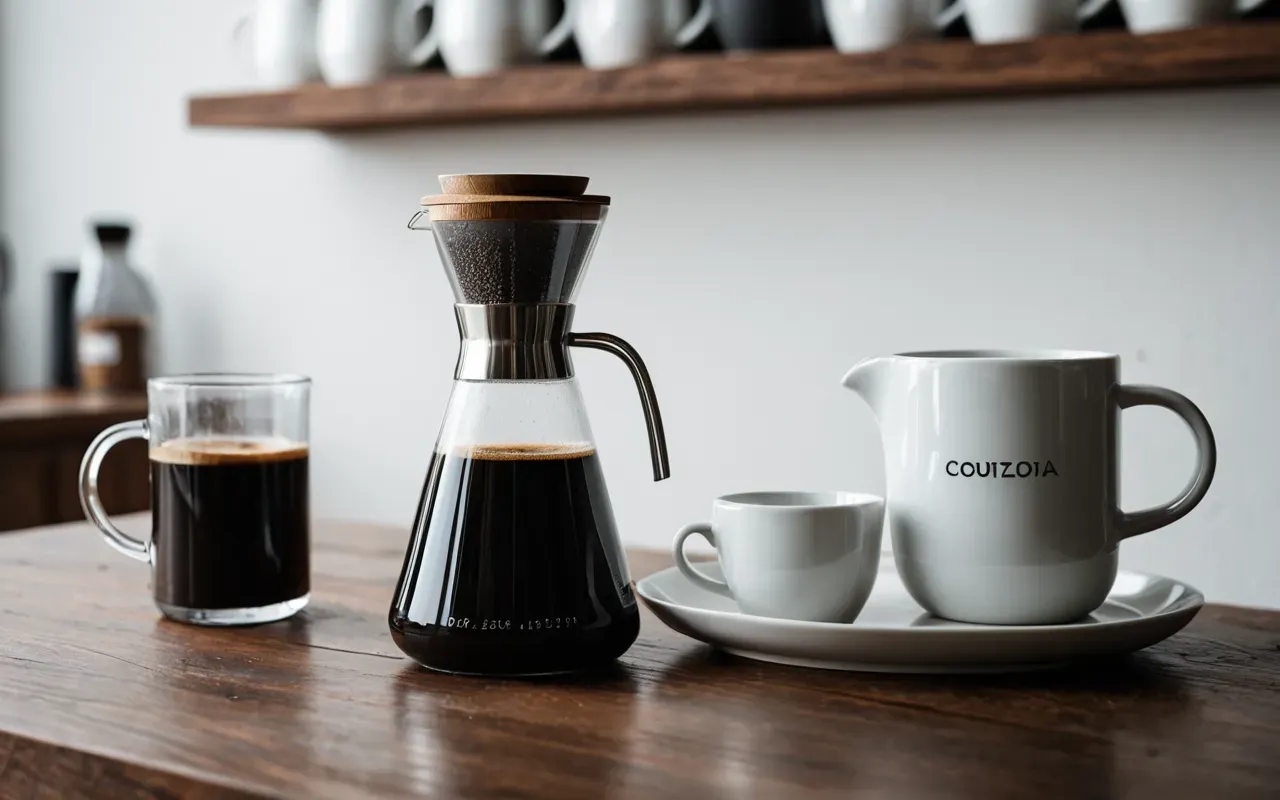 modern home coffee brewing setup A sleek glass carafe filled with dark coffee sitting on a wooden table next to a stack of white ceramic mugs.