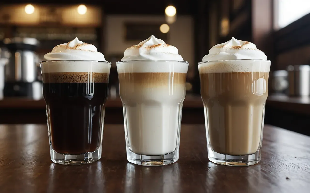 comparing light dark roasts visually A split view showing two glass cups side by one with clear liquid coffee and another with creamy white froth on top.