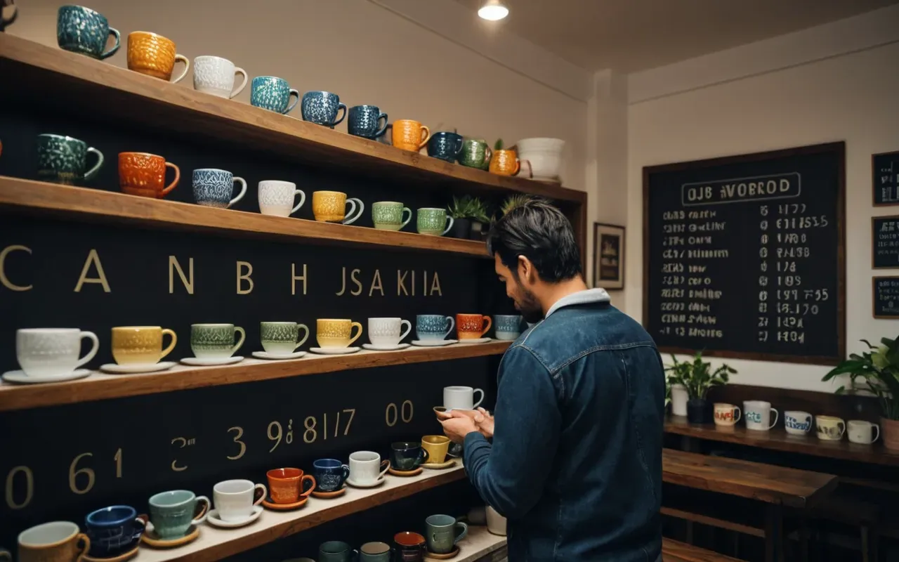 A stylish corner of a cafe featuring shelves filled with colorful ceramic mugs and small potted plants. A person in casual clothes is browsing the items while holding a paper cup of coffee near a large wooden table.
