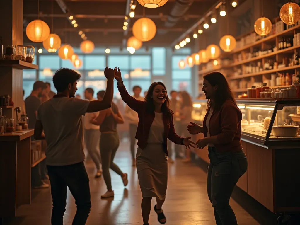 coffee rave atmosphere A vibrant indoor scene with diverse people dancing near a modern coffee cart in a retail space with warm ambient lighting and energetic mood.
