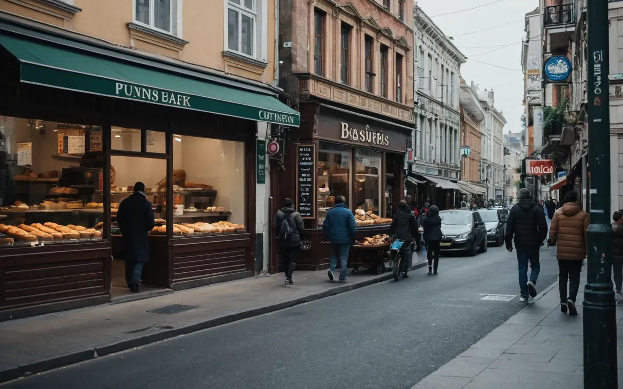 A view of a busy city street corner with people walking by. A small shop window displays fresh pastries and coffee cups.