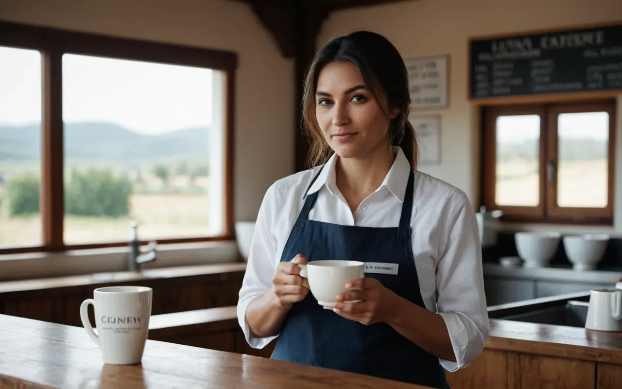 A woman in casual professional attire stands behind a wooden counter holding a white ceramic cup. Soft natural light streams from a large window behind her. The background is blurred but shows shelves with glass jars.