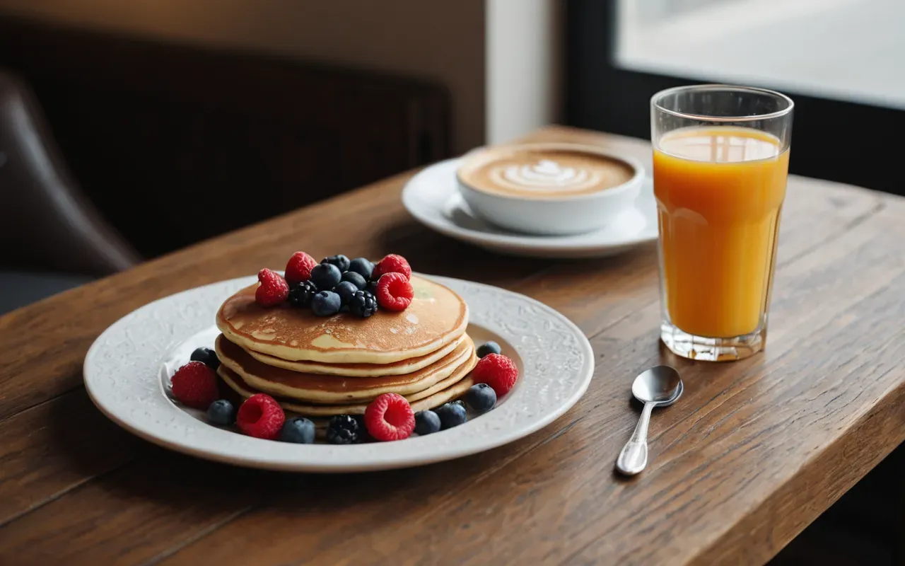 A wooden table set with a plate of fluffy pancakes topped with berries. A glass of orange juice and a cup of latte art sit nearby.