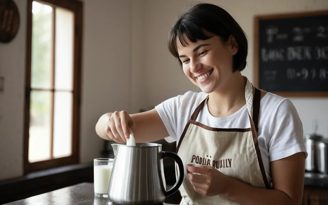 A young woman with short dark hair smiles warmly while pouring milk from a metal pitcher into a glass cup. She wears a simple apron over a white shirt.