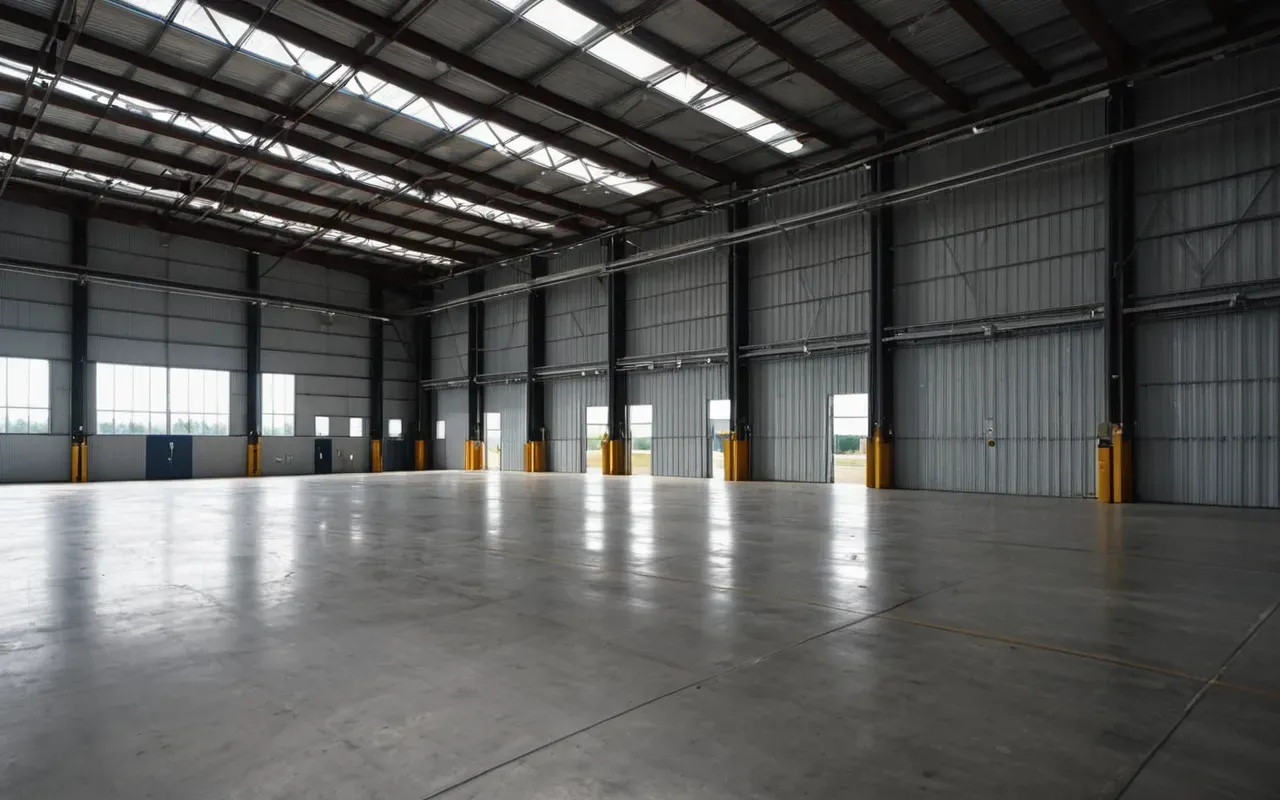 An empty industrial warehouse space with polished concrete floors and large loading dock doors reflecting the grey sky outside.