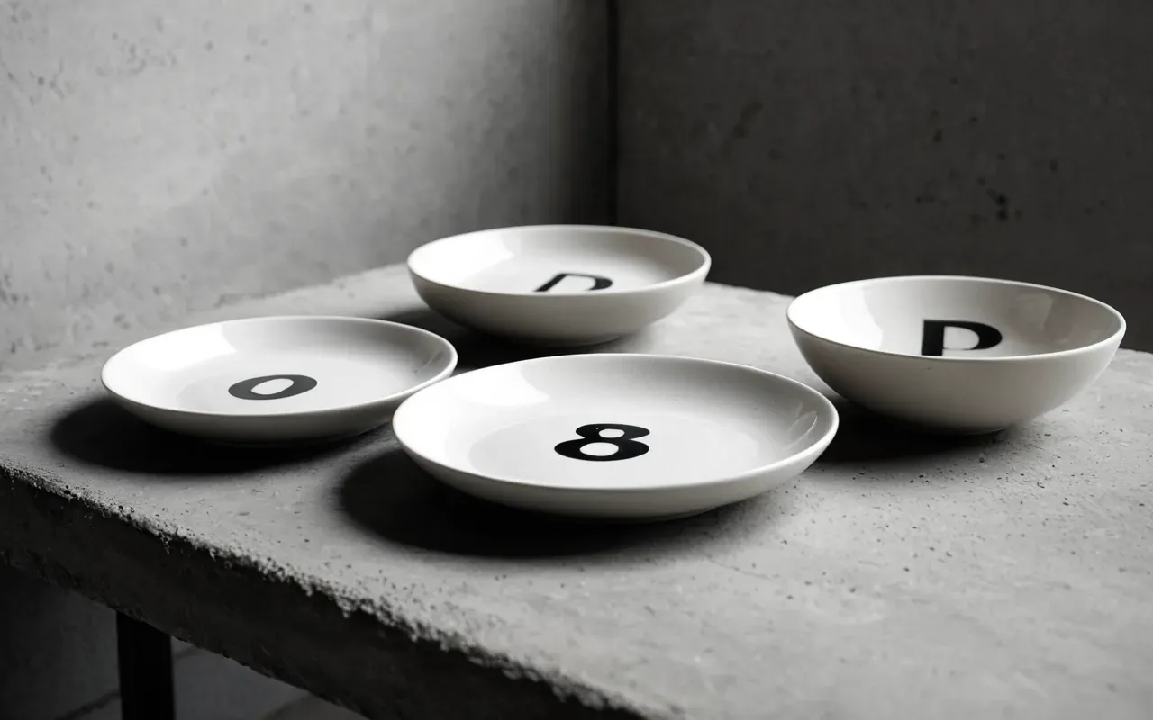 Clean editorial still life of ceramic dishware on a concrete surface, diffused soft light, monochrome neutral tones, modern minimalist aesthetic composition