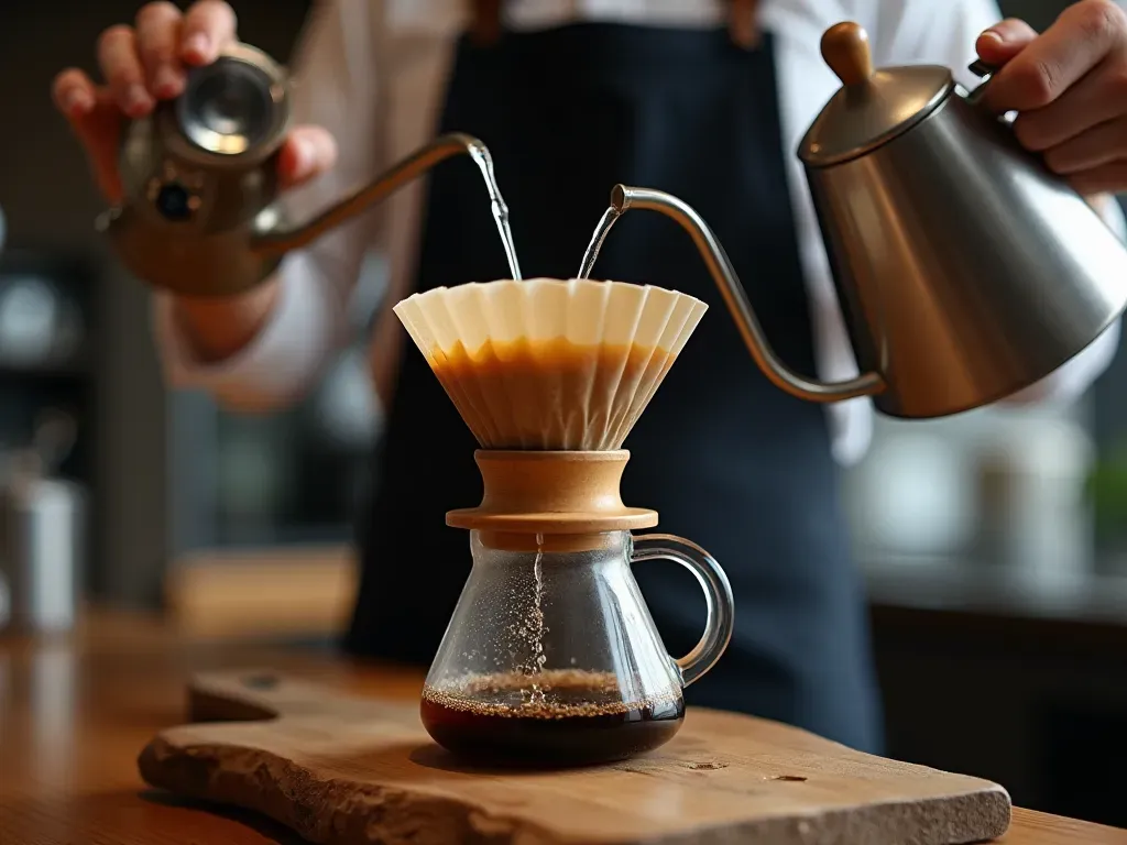 Close-up of a barista hand pouring hot water from a gooseneck kettle into a glass pour-over dripper with coffee grounds