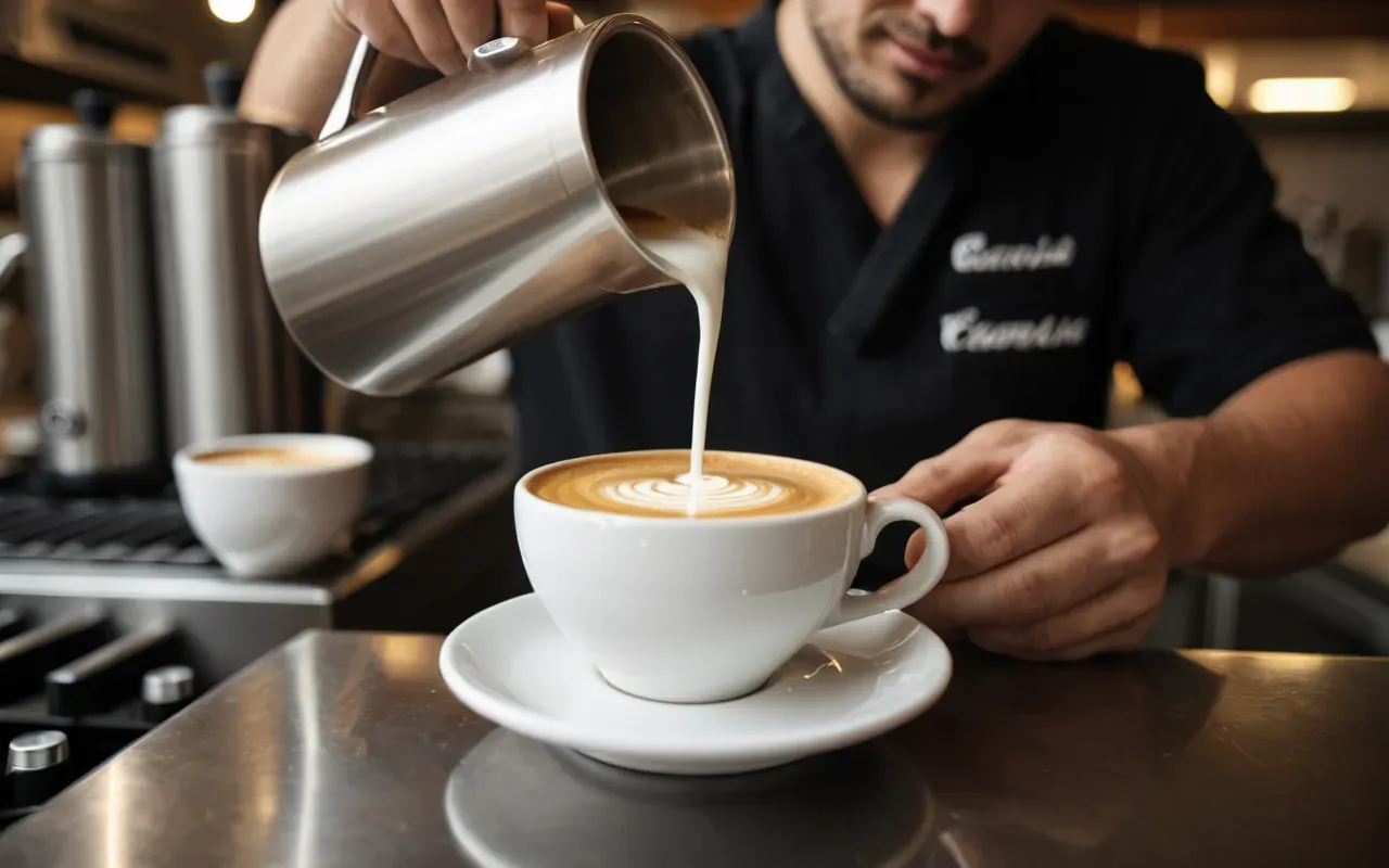 Close-up of a barista pouring latte art into a ceramic cup in a clean stainless-steel professional kitchen setting, shallow depth of field, warm lighting