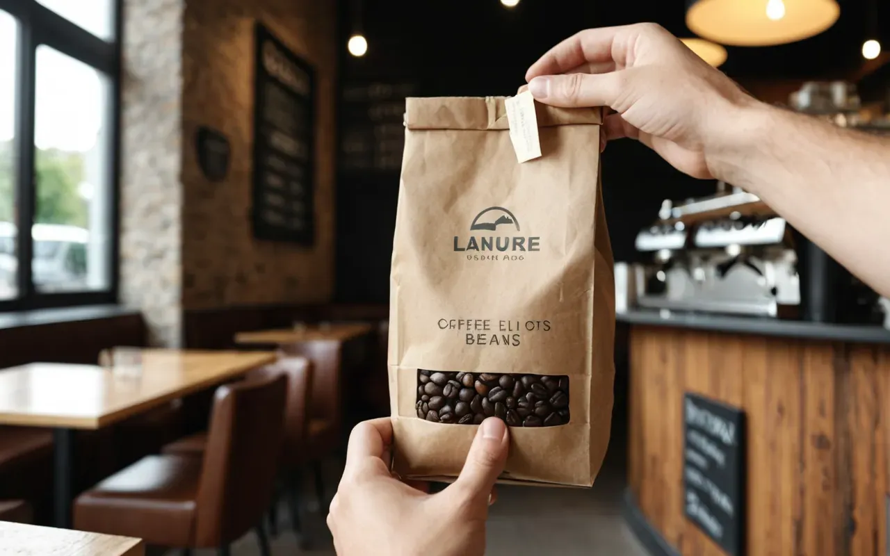 Close-up of a hand holding a small paper bag of coffee beans with visible green and brown tones, blurred modern cafe background, natural light