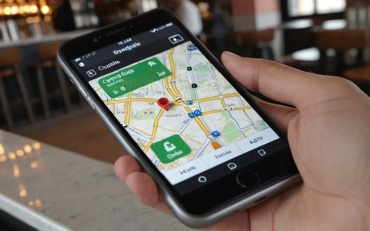 Close-up of a smartphone screen displaying a map interface with location pins, held by a hand in a modern cafe setting, shallow depth of field