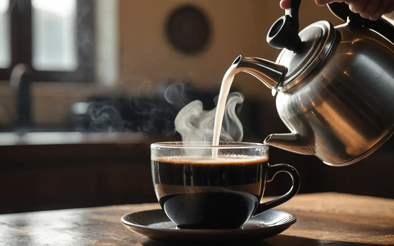 Close up of coffee being poured from a kettle into a cup with steam rising and soft morning light