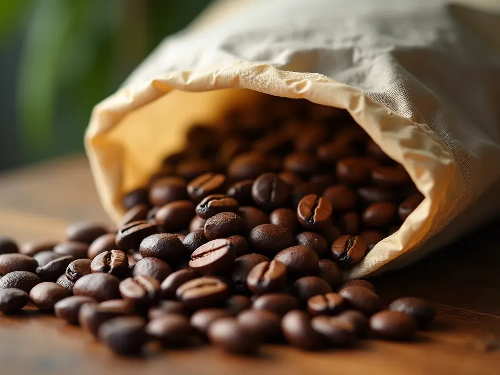 Close-up of freshly roasted coffee beans in a transparent bag on a wooden table with soft natural light highlighting the texture and color variations