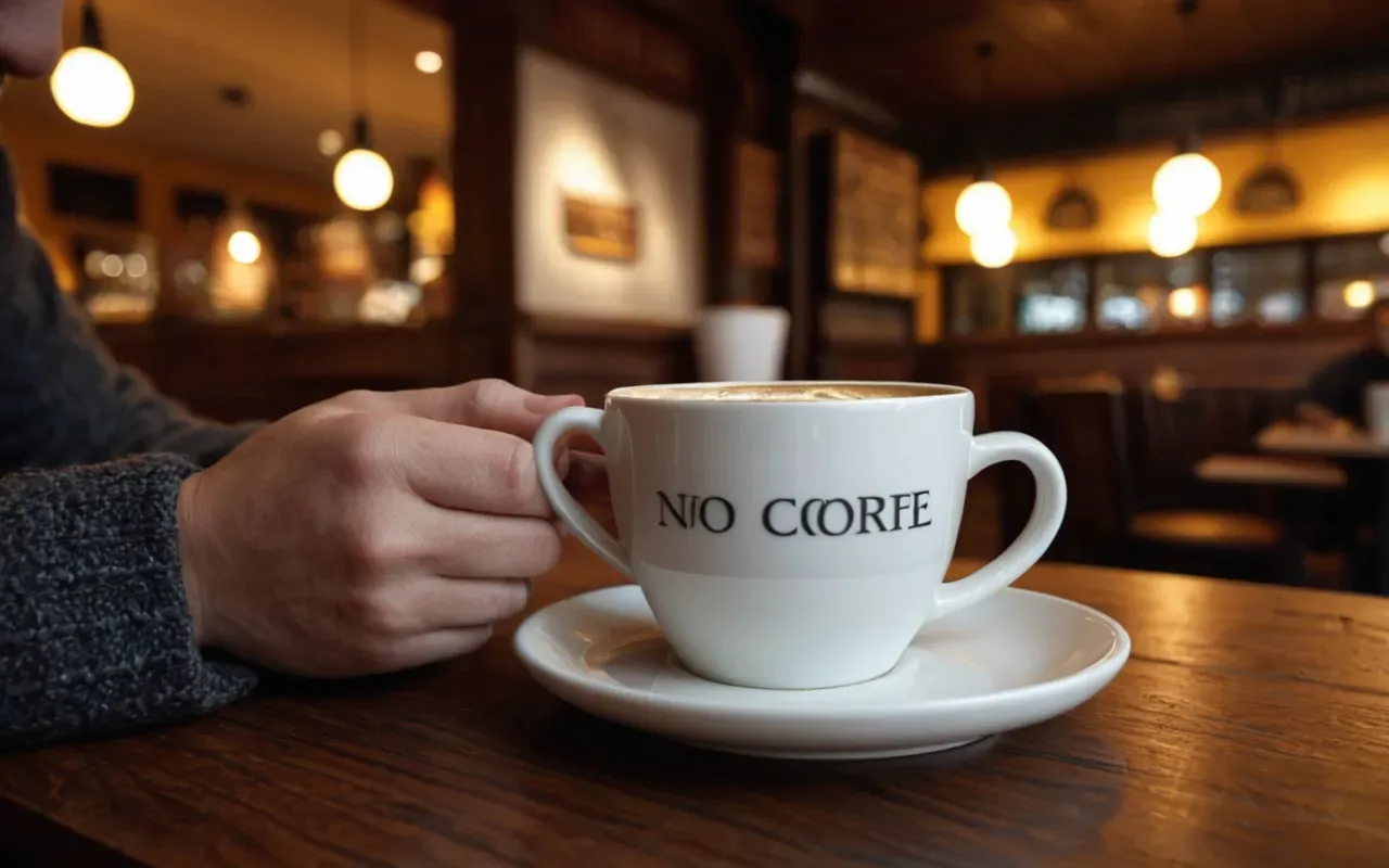 Close up of hands holding a ceramic cup of coffee in a cozy cafe setting with soft focus background and warm lighting