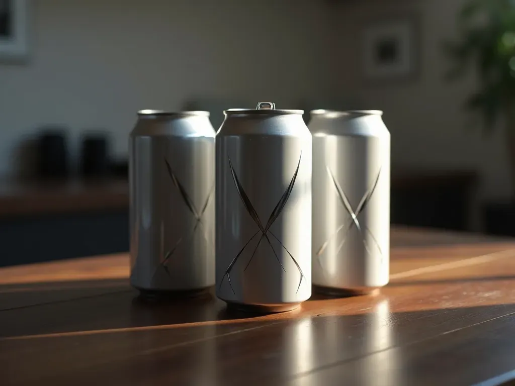 Close up of several sleek aluminum beverage cans with minimalist abstract geometric designs arranged on a clean dark wooden table under soft studio lighting.