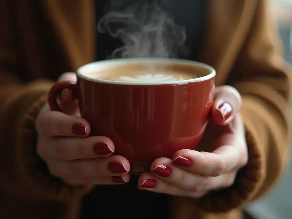 Close-up photo of manicured nails painted in deep glossy brown polish holding a ceramic cup with steaming coffee against blurred background soft natural lighting autumn mood neutral tones no text visible