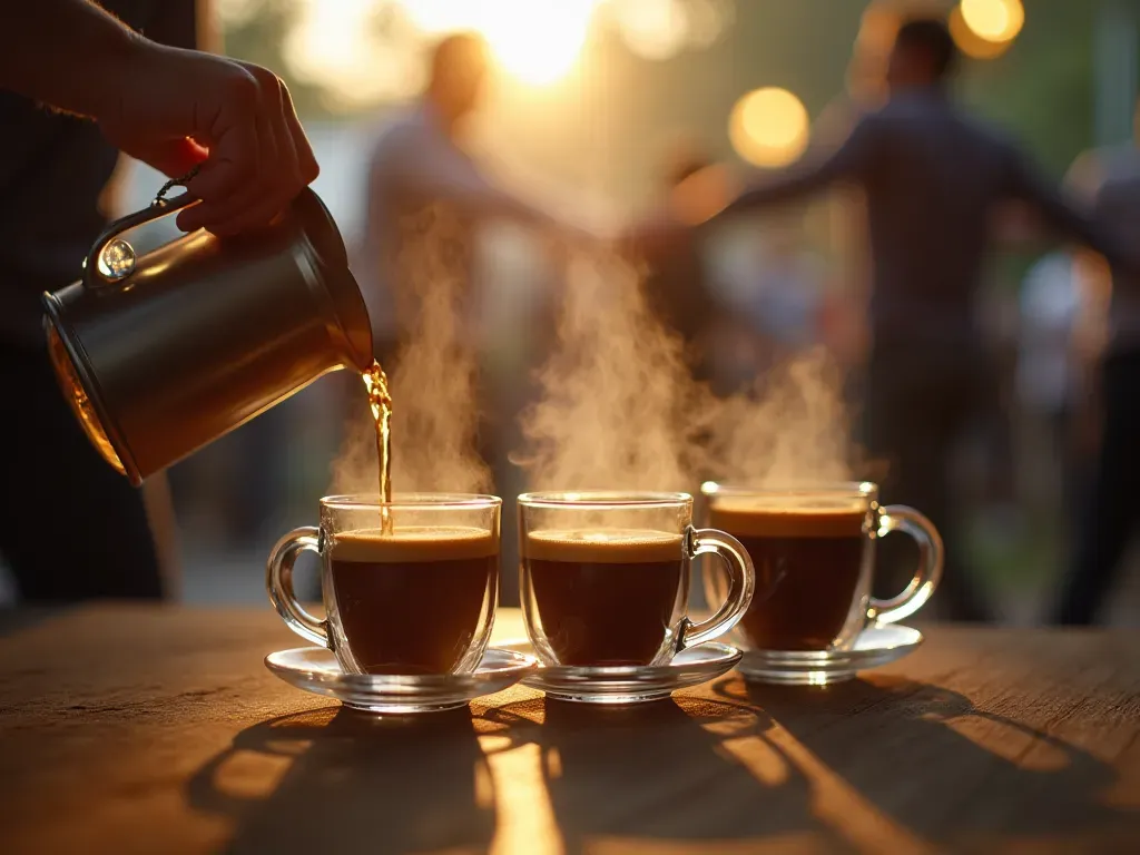 espresso preparation detail Close-up shot of a barista pouring espresso shots into clear cups with steam rising against a blurred background of people dancing.