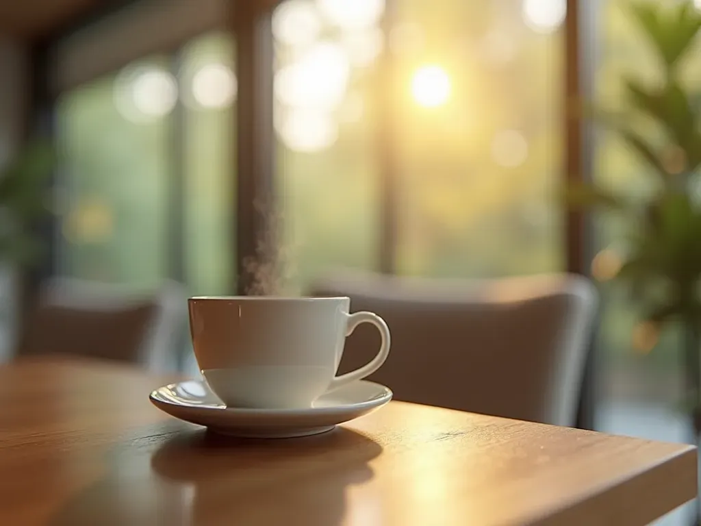 Close-up shot of a ceramic coffee cup on a wooden table with soft morning light and blurred background of a modern interior