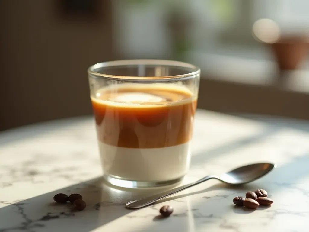 Editorial still life of a glass of coffee with milk layered with espresso beans and a spoon on a marble surface with natural light