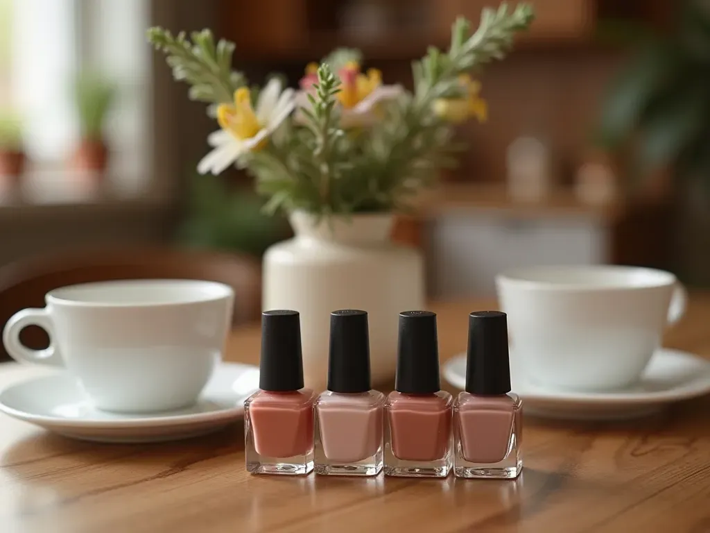 Flat lay composition showing various shades of brown nail polish bottles arranged around white ceramic coffee cups saucers wooden table surface soft daylight minimal style no branding visible
