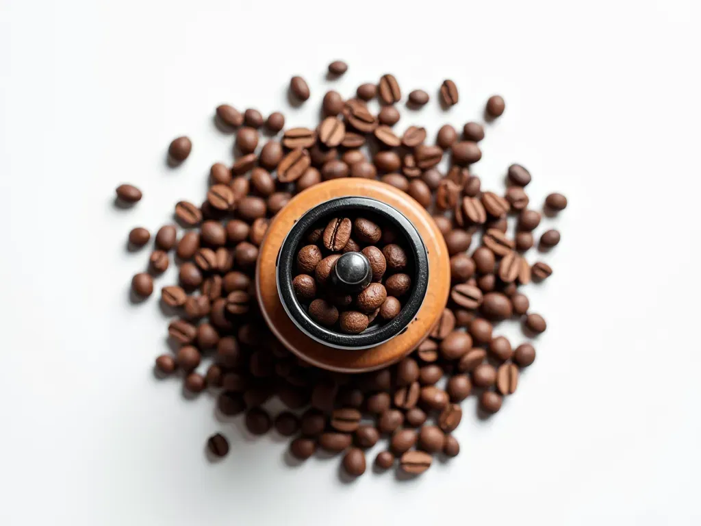 Flat lay of roasted coffee beans scattered around a manual burr grinder with a clean white background and soft shadows