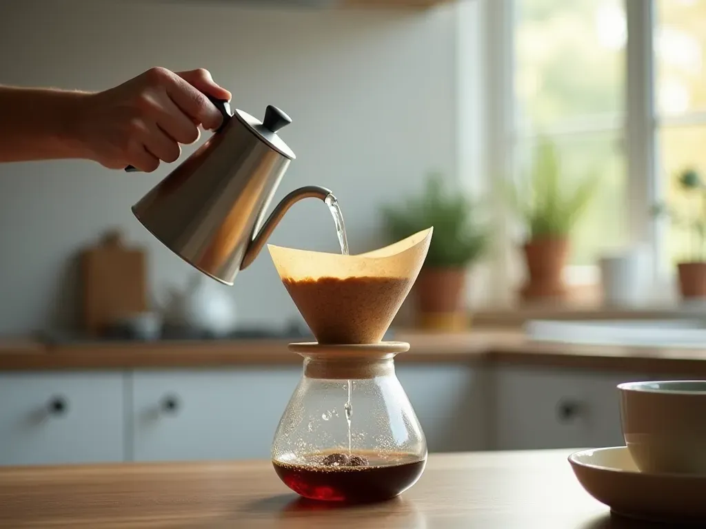 Hands holding a glass carafe pouring water from a gooseneck kettle into a ceramic dripper with coffee grounds blooming underneath in a bright modern kitchen setting