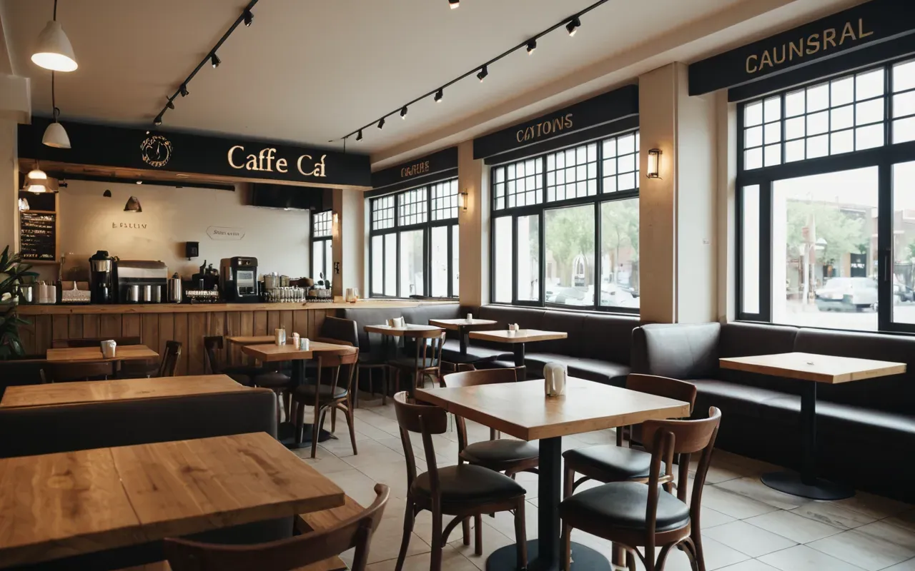 Interior of a contemporary cafe seating area with wooden tables, comfortable chairs, large windows letting in soft morning light, neutral color palette, editorial style